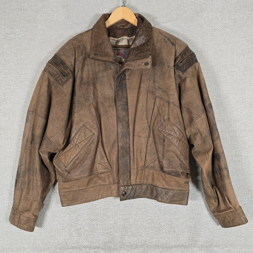 Vintage Adventure Bound Leather Bomber Jacket Mens L Brown Flight Distressed
